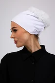 Loggia Fırfırlı Dikişsiz Penye Bone Ekru - Kadın Tesettür Bağlamalı Topuz İç Bone Kırık Beyaz thumbnail 7