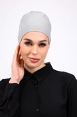 Loggia Düz Dikişsiz Penye Bone Açık Gri - Kadın Tesettür Bağlamalı İç Bone thumbnail 2