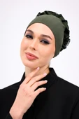 Loggia Fırfırlı Dikişsiz Penye Bone Haki Yeşil - Kadın Tesettür Bağlamalı Topuz İç Bone thumbnail 8