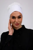 Loggia Fırfırlı Dikişsiz Penye Bone Ekru - Kadın Tesettür Bağlamalı Topuz İç Bone Kırık Beyaz thumbnail 1