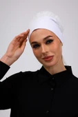 Loggia Fırfırlı Dikişsiz Penye Bone Ekru - Kadın Tesettür Bağlamalı Topuz İç Bone Kırık Beyaz thumbnail 2
