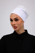 Loggia Fırfırlı Dikişsiz Penye Bone Ekru - Kadın Tesettür Bağlamalı Topuz İç Bone Kırık Beyaz thumbnail 6