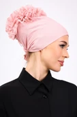 Loggia Fırfırlı Dikişsiz Penye Bone Pembe - Kadın Tesettür Bağlamalı Topuz İç Bone Pudra thumbnail 5