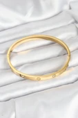 Tahtakale Toptancı  Çelik Gold Renk Zirkon Taşlı 65 mm Kadın Kelepçe Bileklik 7911 - 2