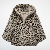 Leopar Desenli Kapüşonlu Çocuk Peluş Mont - 1