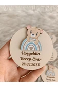 Doğrukan Hediyelik Mavi gökkuşaklı ayıcık figürlü ahşap yenidoğan doğum günü magnet hediyelik(10 adet) thumbnail 1