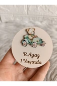 Doğrukan Hediyelik Yeşil arabalı ayıcık figürlü ahşap yenidoğan doğum günü magnet hediyelik (10 adet) thumbnail 1