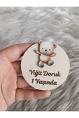Doğrukan Hediyelik Krem renk ayıcıklı ahşap yenidoğan doğum günü magnet hediyelik (10 adet) thumbnail 1