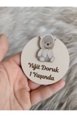 Doğrukan Hediyelik Krem kapşonlu ayıcık ahşap yenidoğan doğum günü magnet hediyelik (10 adet) thumbnail 1