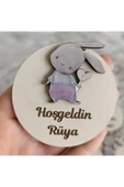 Doğrukan Hediyelik Pembe tulumlu tavşan figürlü ahşap yenidoğan doğum günü hediyelik magnet(10 adet) thumbnail 1