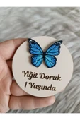Doğrukan Hediyelik Mavi kelebek figürlü ahşap tabanlı yenidoğan doğum günü magnet hediyelik (10 adet) thumbnail 1