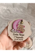 Doğrukan Hediyelik 10 adet pembe ayda ayıcıklı ahşap magnet yenidoğan doğum günü mevlüt hediyelikleri thumbnail 1