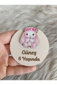 Doğrukan Hediyelik Kafası çiçekli tavşan figürlü ahşap yenidoğan doğum günü magnet hediyelik (10 adet) thumbnail 1