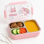 Dekorasyaa Pembe Çocuk Beslenme Kabı - Bölmeli Lunchbox - İçi Çelik - Vakumlu - 3 Bölmeli - 1