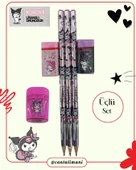 Kuromi Lisanslı Pembe Kurşun Kalem Seti (3 Adet Kurşun Kalem, 2 Adet Silgi, Kalemtraş) - 1