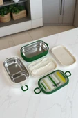 Dekorasyaa 2 Katlı 3 Bölmeli Taşınabilir Beslenme Kabı Luch Box - Paslanmaz Çelik-Kulplu-Çatal Kaşık - 3