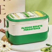 Dekorasyaa 2 Katlı 3 Bölmeli Taşınabilir Beslenme Kabı Luch Box - Paslanmaz Çelik-Kulplu-Çatal Kaşık - 1