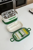 Dekorasyaa 2 Katlı 3 Bölmeli Taşınabilir Beslenme Kabı Luch Box - Paslanmaz Çelik-Kulplu-Çatal Kaşık - 4