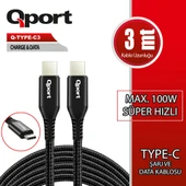 QPORT Q-TYPE-C3 3M TYPE-C 100W SUPER HIZLI PD SARJ VE DATA KABLOSU - 1