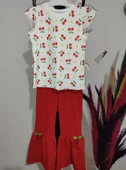 1-2-3-4 Yaş Kiraz Baskılı Tişört İspanyol Paçalı Likralı 2li Kız Çocuk Takımı Kırmızı thumbnail 4