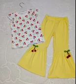 1-2-3-4 Yaş Kiraz Baskılı Tişört İspanyol Paçalı Likralı 2li Kız Çocuk Takımı Sarı thumbnail 1