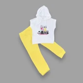 3-4-5 Yaş Forever Cici Kızlar Baskılı Kapşonlu 2li Kız Çocuk Takımı Sarı thumbnail 2