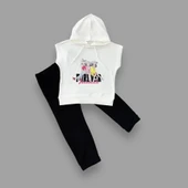 3-4-5 Yaş Forever Cici Kızlar Baskılı Kapşonlu 2li Kız Çocuk Takımı Siyah thumbnail 2