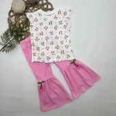 1-2-3-4 Yaş Kiraz Baskılı Tişört İspanyol Paçalı Likralı 2li Kız Çocuk Takımı Pembe thumbnail 5