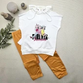 3-4-5 Yaş Forever Cici Kızlar Baskılı Kapşonlu 2li Kız Çocuk Takımı Turuncu thumbnail 1