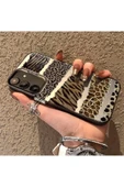 Samsung Galaxy S24 Plus/s25 Plus Uyumlu Kılıf Leopar Desenli Kahverengi Çizgili Metalik Tuşlu Kapak - 4