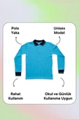 Lacivert Yakalı Turkuaz Uzun Kol 6-17 Yaş Çocuk Okul Lakos Sweat Polo Yaka Düz Renk - 4