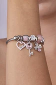 Gümüş Pazarım Kalp Yonca Anahtar Figürlü Beyaz Altın Kaplama Çelik Kadın Charm Bileklik - 1