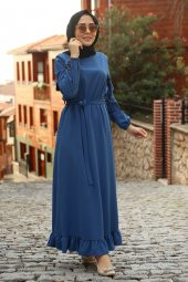 Kuşaklı Tesettür Elbise - İndigo - 1