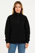 Kadın Üç İplik Dık Yaka Yarım Fermuarlı SweatShirt - Siyah thumbnail 4