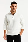 Erkek Dik Yaka Sweatshirt Dik Yaka Yarım Fermuarlı 3 İplik Şardonlu Pamuk Kumaş - Beyaz thumbnail 3