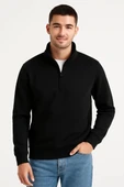 Erkek Dik Yaka Sweatshirt Dik Yaka Yarım Fermuarlı 3 İplik Şardonlu Pamuk Kumaş - Siyah thumbnail 8