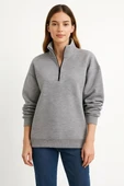 Kadın Üç İplik Dık Yaka Yarım Fermuarlı SweatShirt - Gri thumbnail 3