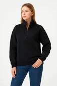 Kadın Üç İplik Dık Yaka Yarım Fermuarlı SweatShirt - Siyah thumbnail 6