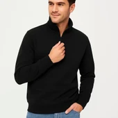 Erkek Dik Yaka Sweatshirt Dik Yaka Yarım Fermuarlı 3 İplik Şardonlu Pamuk Kumaş - Siyah thumbnail 4