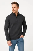 Erkek Dik Yaka Sweatshirt Dik Yaka Yarım Fermuarlı 3 İplik Şardonlu Pamuk Kumaş - Antrasit thumbnail 2