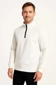 Erkek Dik Yaka Sweatshirt Dik Yaka Yarım Fermuarlı 3 İplik Şardonlu Pamuk Kumaş - Beyaz thumbnail 6