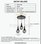 TT601-3Y-FULLSY TT Aydınlatma Mat Siyah 3 lü Uzun Hunili Yuvarlak Avize - 4