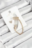 Pirinç Üçgen Figürlü Zirkon Taşlı Gold Renk 3'lü Kıkırdak Kadın Küpe Set - 1