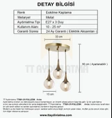TT601-3Y-FULLESK TT Aydınlatma Eskitme Kaplama 3 lü Uzun Hunili Yuvarlak Avize thumbnail 4
