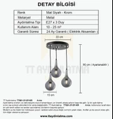 TT601-3Y-SY-KR TT Aydınlatma Mat Siyah - Krom 3 lü Uzun Hunili Yuvarlak Avize - 4