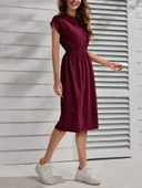 Kadın Kısa Kollu Bisiklet Yaka Belden Lastikli Midi Viskon Elbise - 2