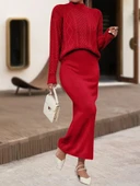 Kadın Uzun Kollu Balıkçı Yaka Bluz Ve Etek Ikili Triko Takım thumbnail 3