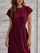 Kadın Kısa Kollu Bisiklet Yaka Belden Lastikli Midi Viskon Elbise - 4