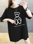 Baskılı Oversize Bisiklet Yaka T-shirt - Siyah - 1