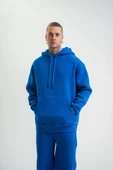 Unisex Double Oversize Kapşonlu Basic SweatShirt - Mavi - 4